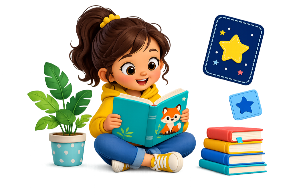 A child learning English with a storybook